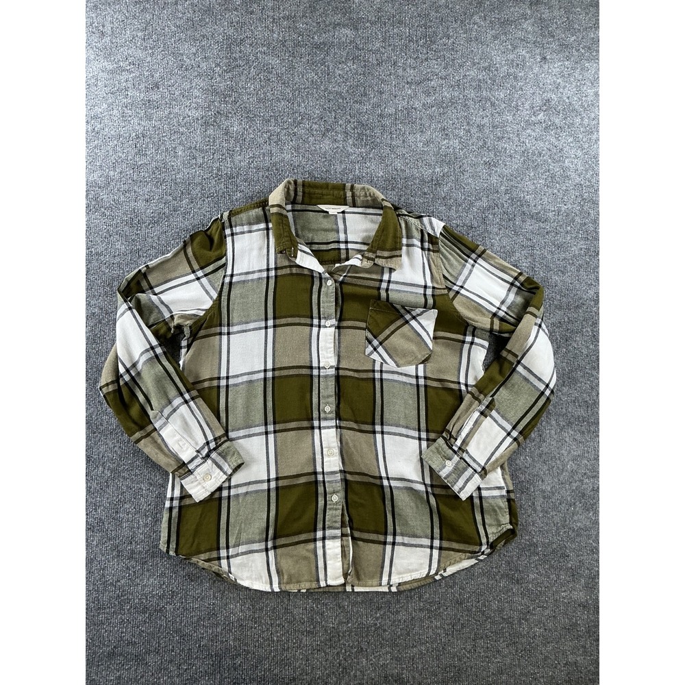 Lucky Brand Mens Large Olive Green Plaid Button Down Flannel Shirt Cotton Blend